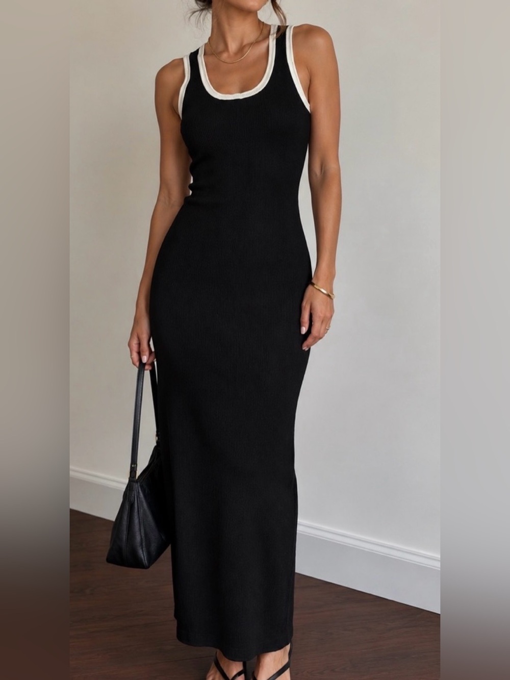 House Of Harlow 1960 - Revolve Black Ribbed Cream Lined Sleeveless Maxi Dress SM